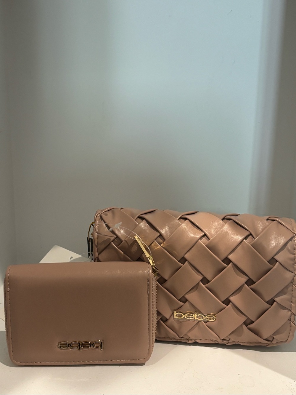 bebe Woven Crossbody and Matching Wallet in Taupe